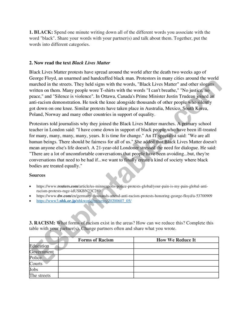 Black Lives Matter worksheet