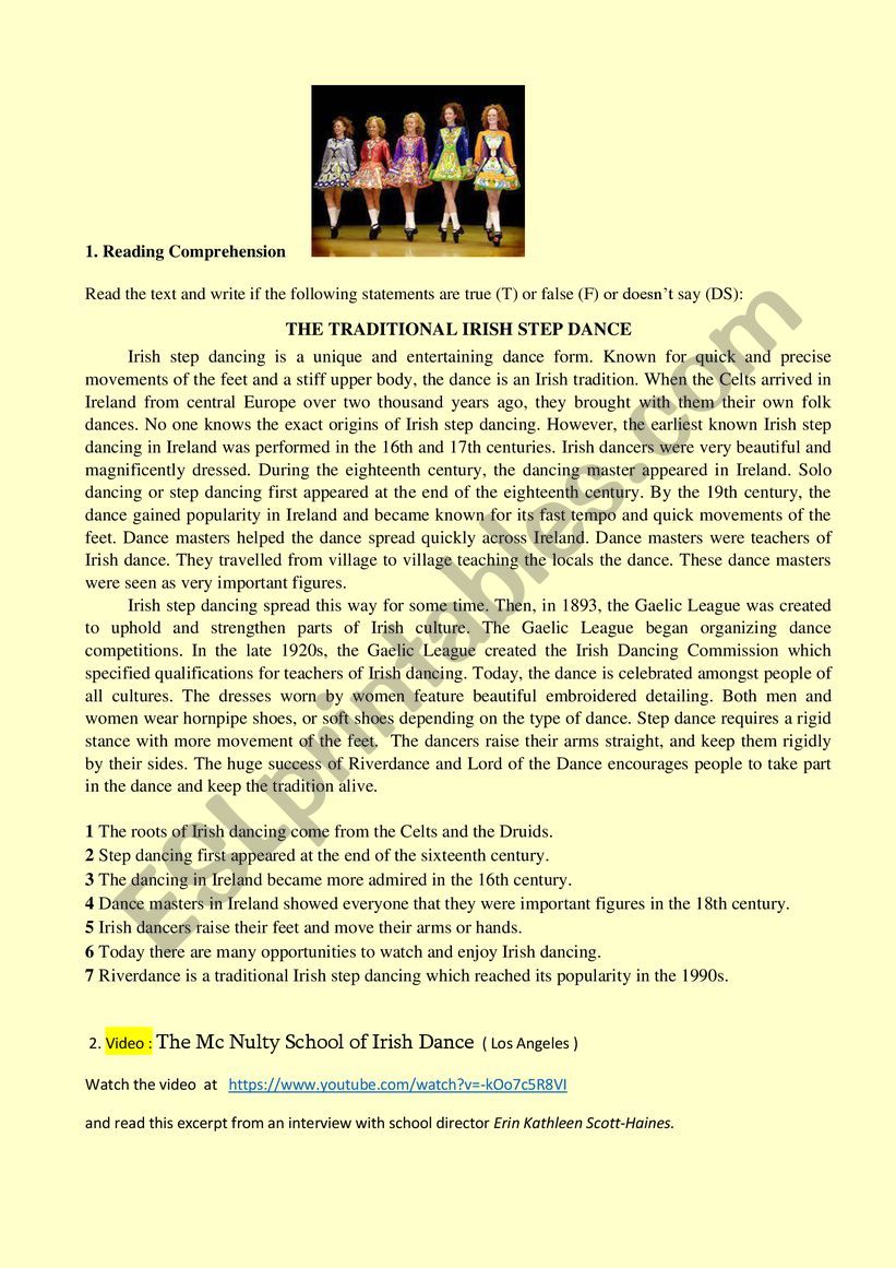 School of Irish dance worksheet