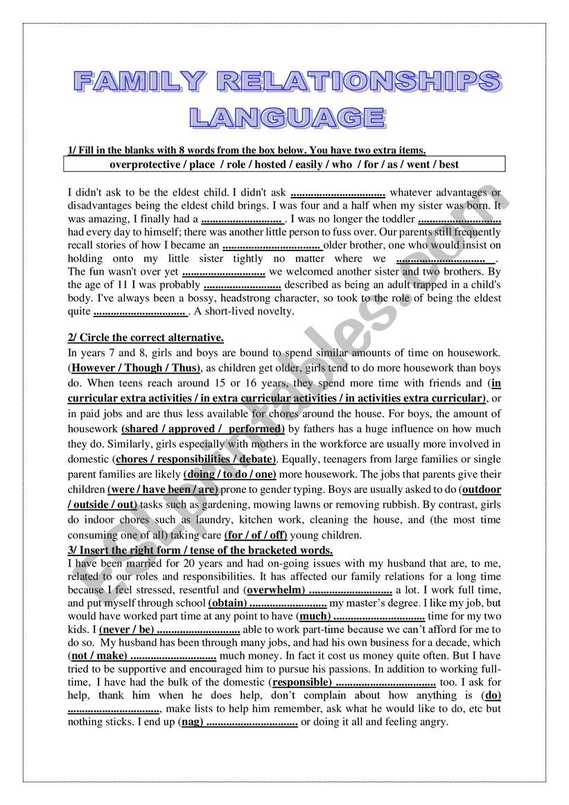 Family Relations worksheet