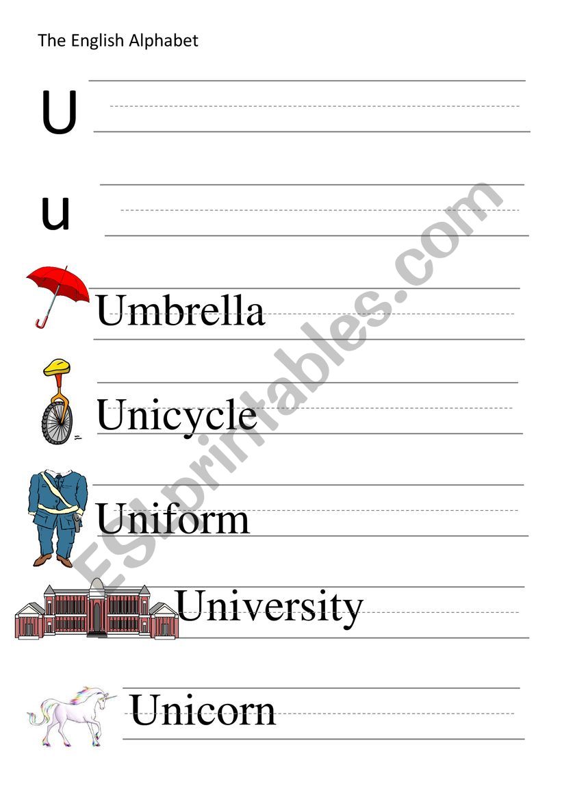 U-letter and words writing worksheet