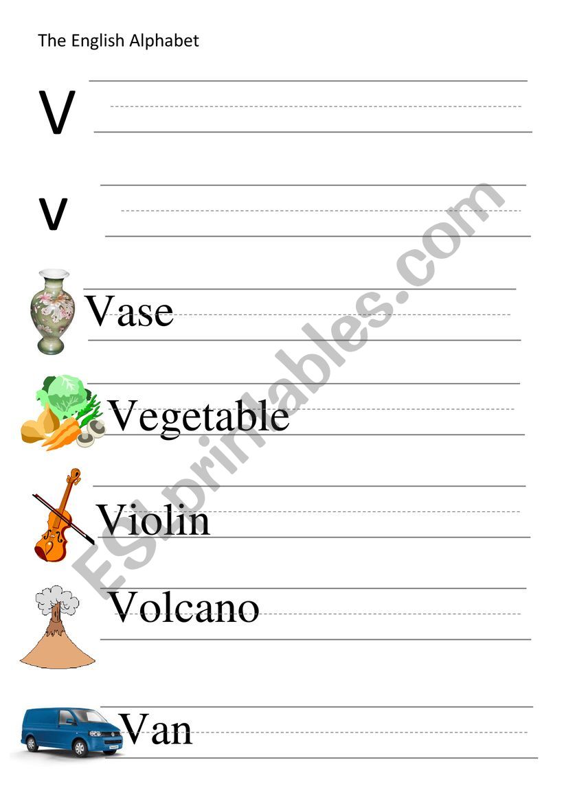 V-letter and words writing worksheet