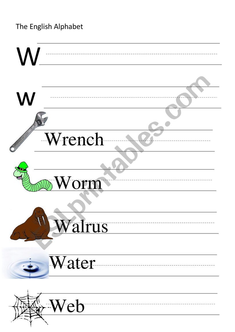 W-letter and words writing worksheet