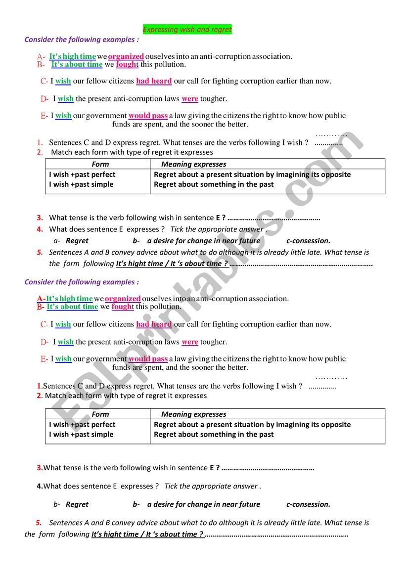 Expressing wish worksheet