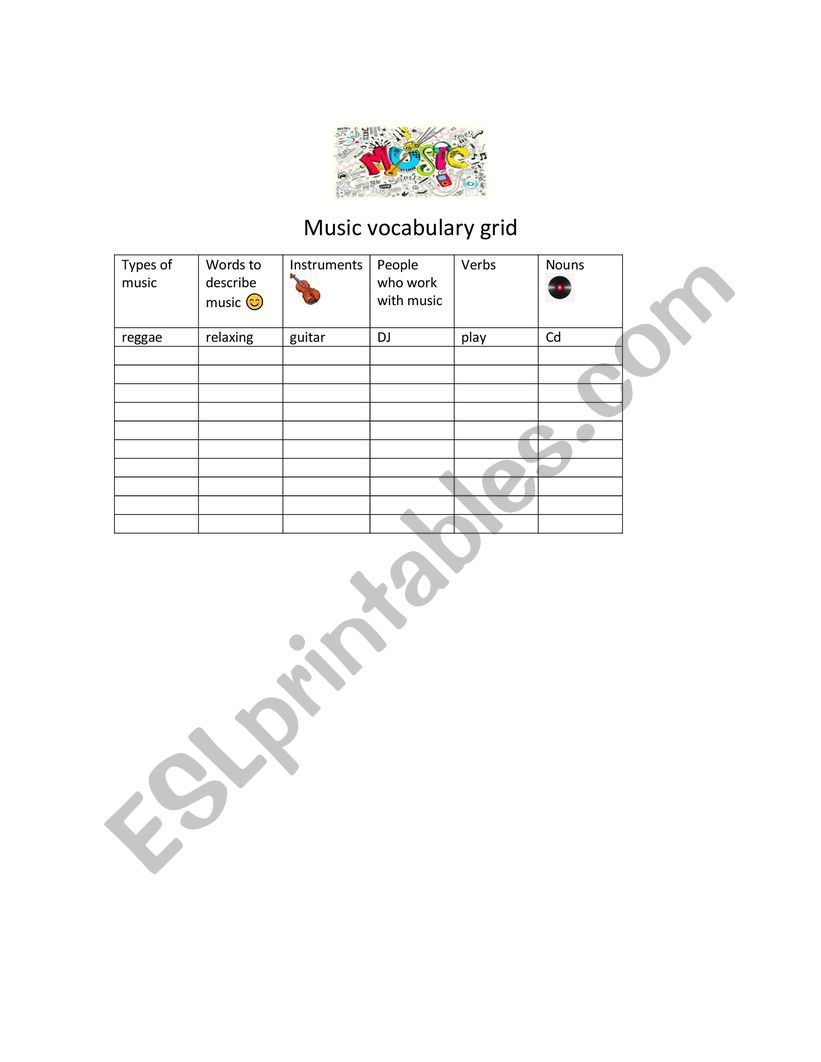 Music vocabulary grid worksheet