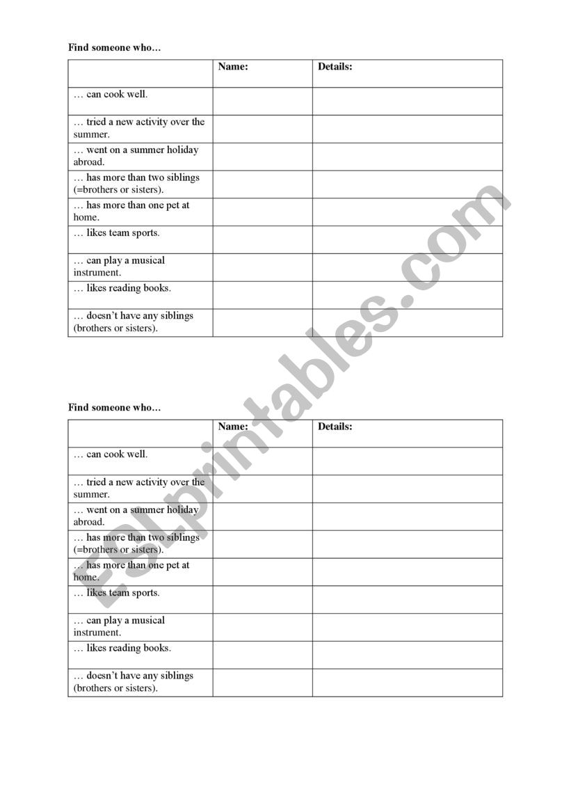 Find someone who - A2 worksheet