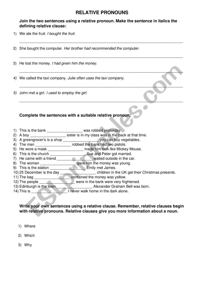 Relative pronouns worksheet worksheet