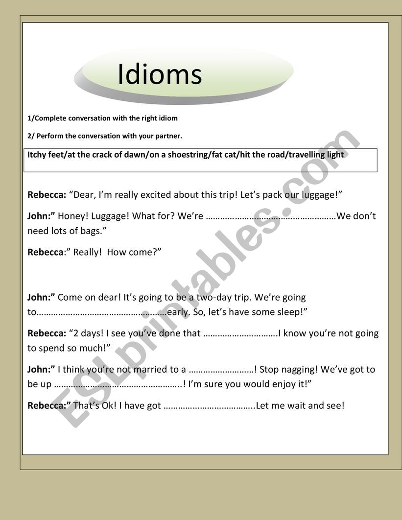 Idioms related to holidaying worksheet