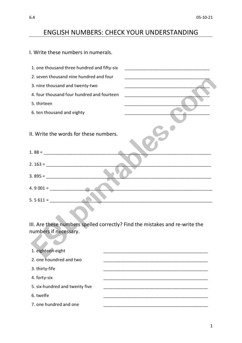 English numbers worksheet