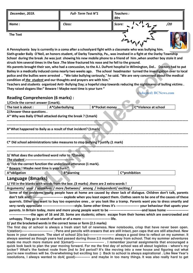 9th form full term test n°1 - ESL worksheet by blueberry123
