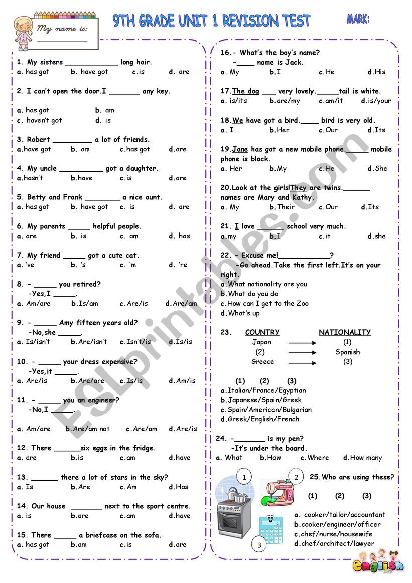 Multiple choice revision test worksheet