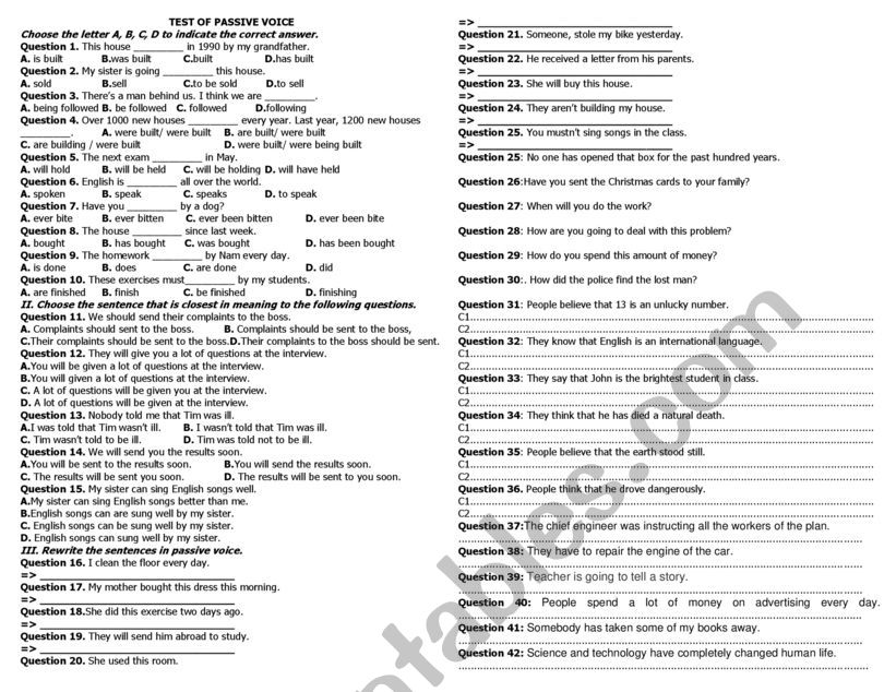 TEST OF PASSIVE VOICE worksheet