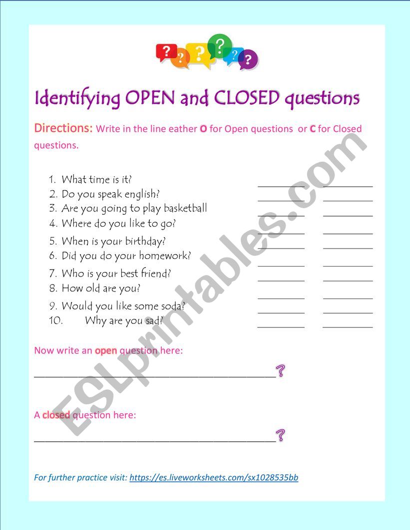 open and closed questions worksheet