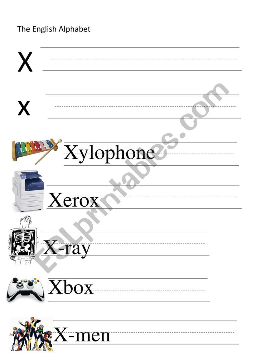 X-letter and words writing worksheet