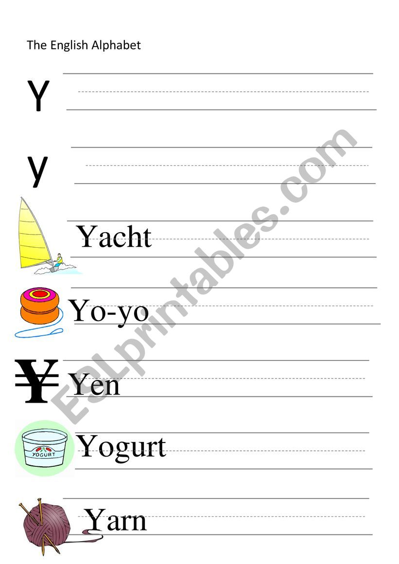 Y-letter and words writing worksheet