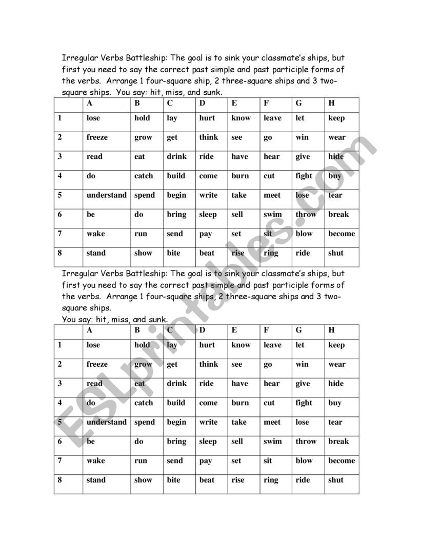 Irregular Verbs Battleship worksheet