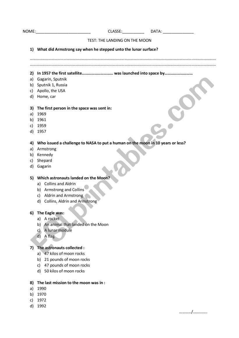 The landing on the moon worksheet