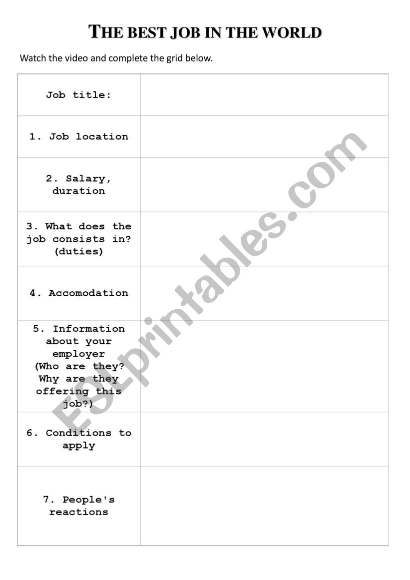 The best job in the world CNN - video worksheet