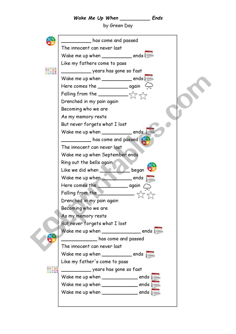 Missing Lyrics Wake Me Up When September Ends ESL Worksheet By JEROSSI63