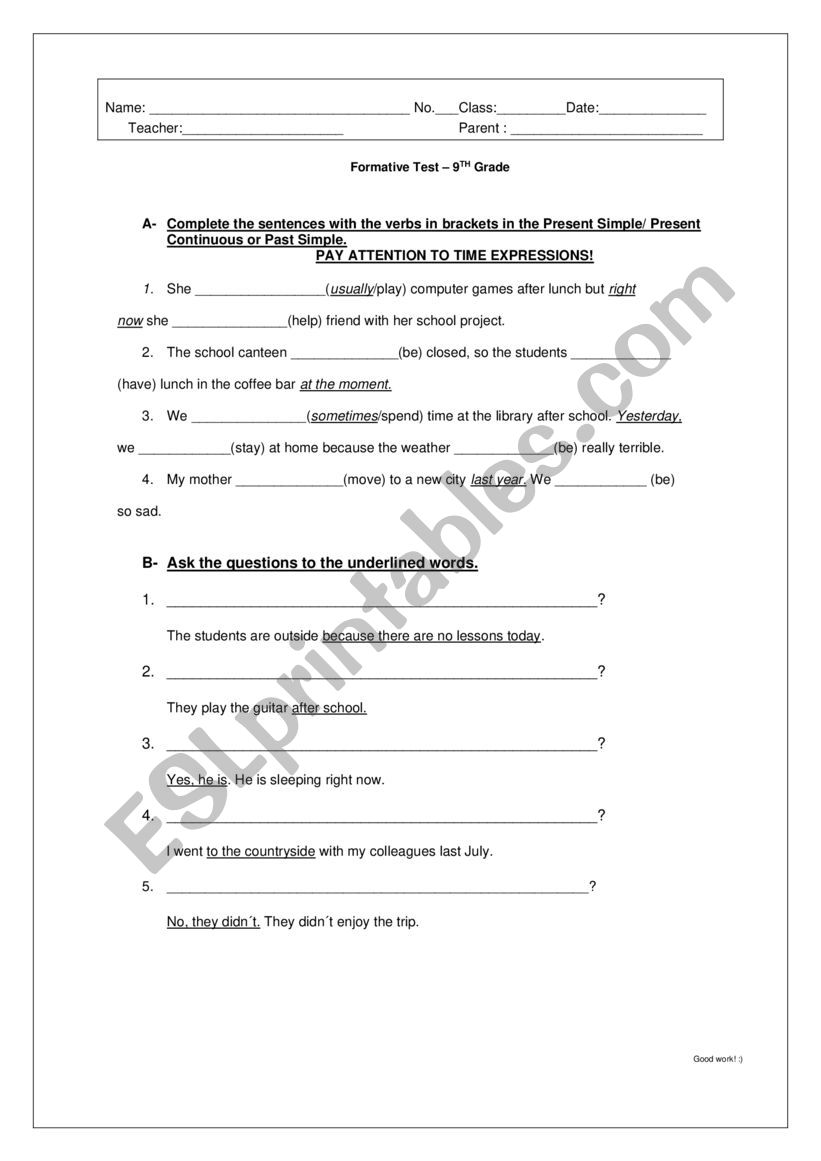 Grammar Test worksheet