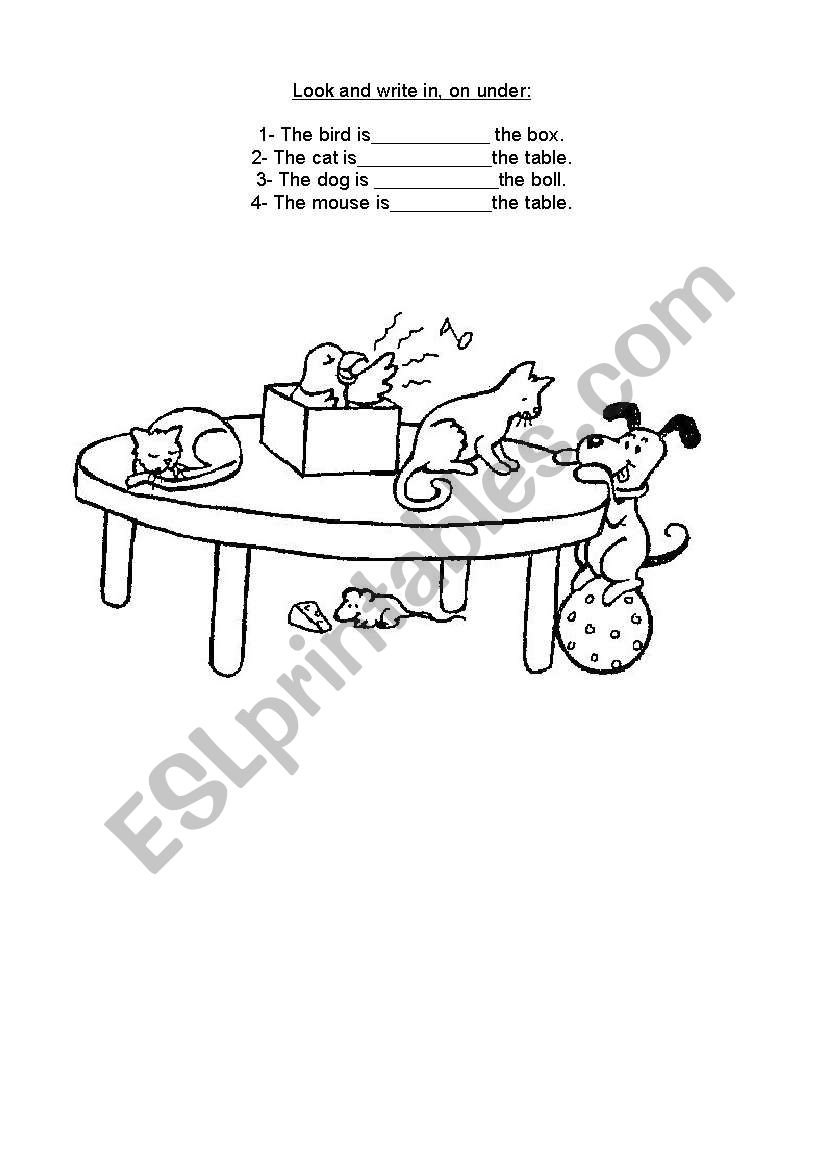 prepositions in, on under worksheet