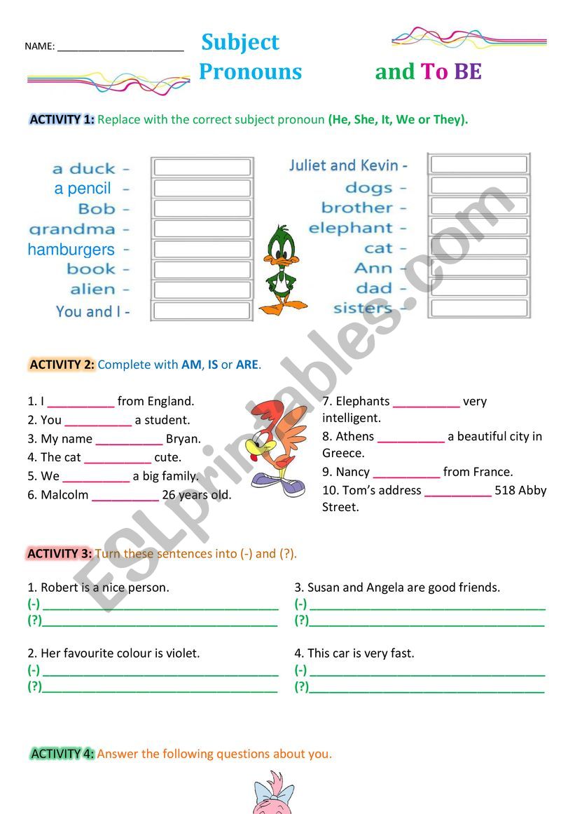 Subject Pronouns and to Be worksheet