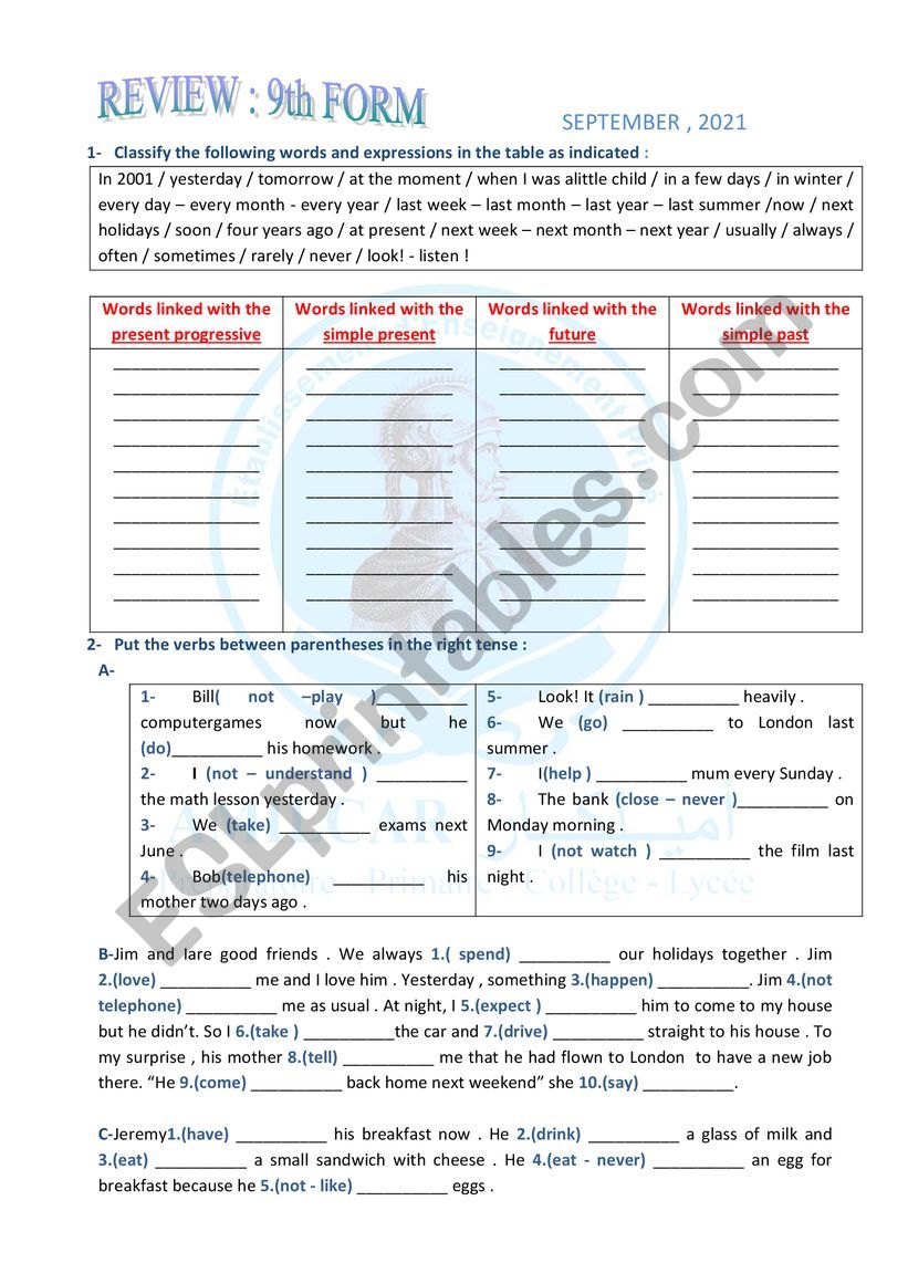 9th form review  worksheet