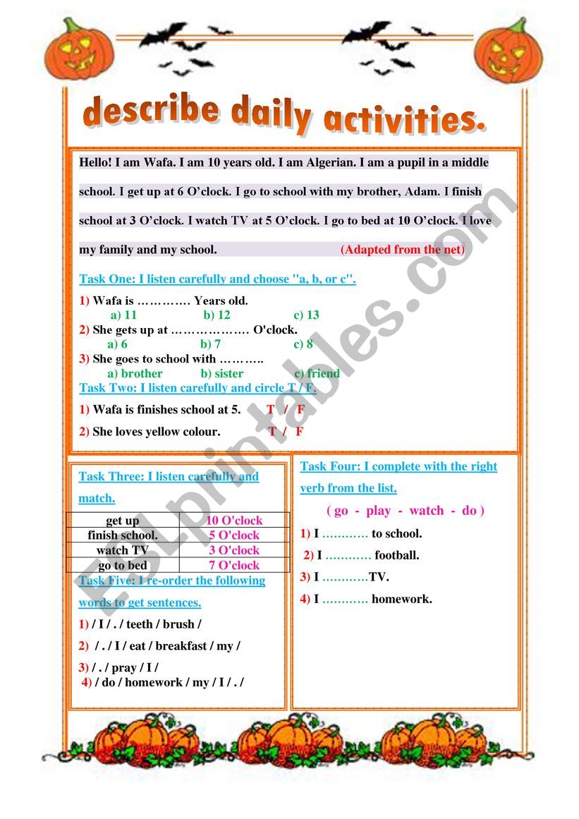 describe daily activities.  worksheet