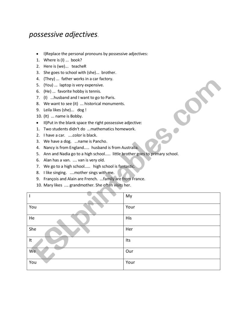 possessive adjectives  worksheet