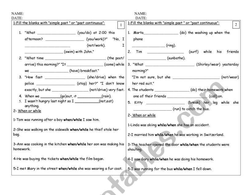 Practice for past continuous worksheet