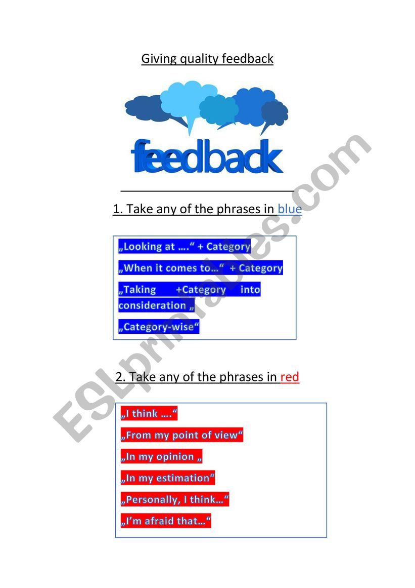Phrases for quality feedback worksheet