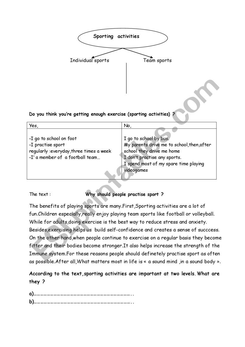 8th form sporting activities worksheet