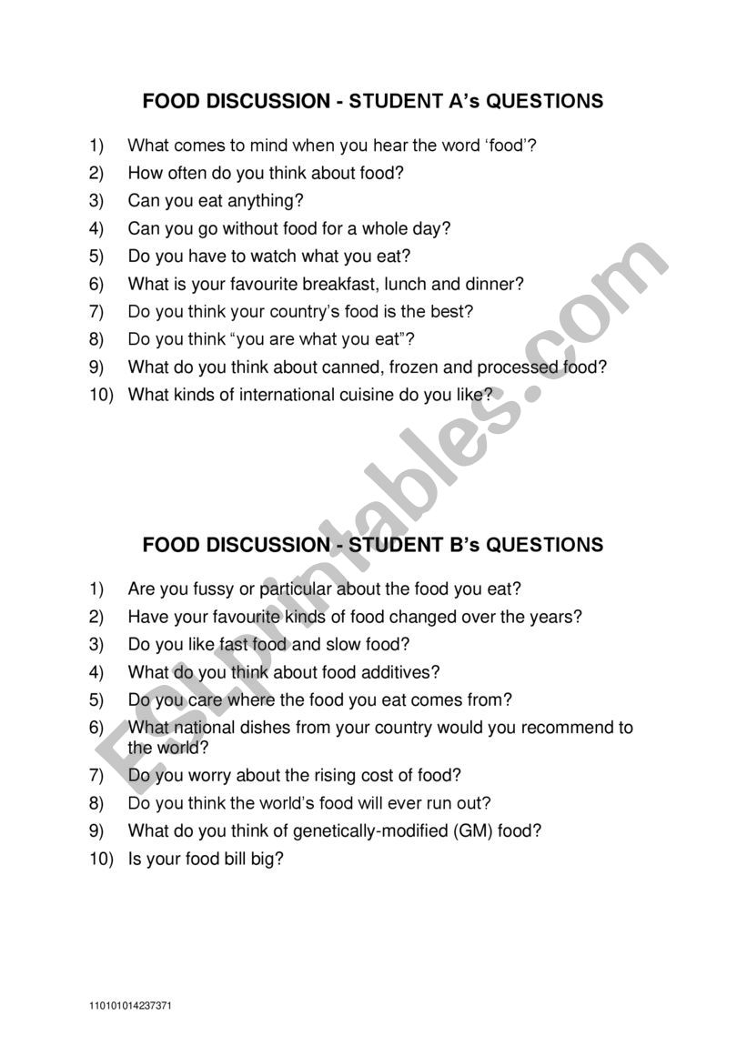 food discussion questions worksheet