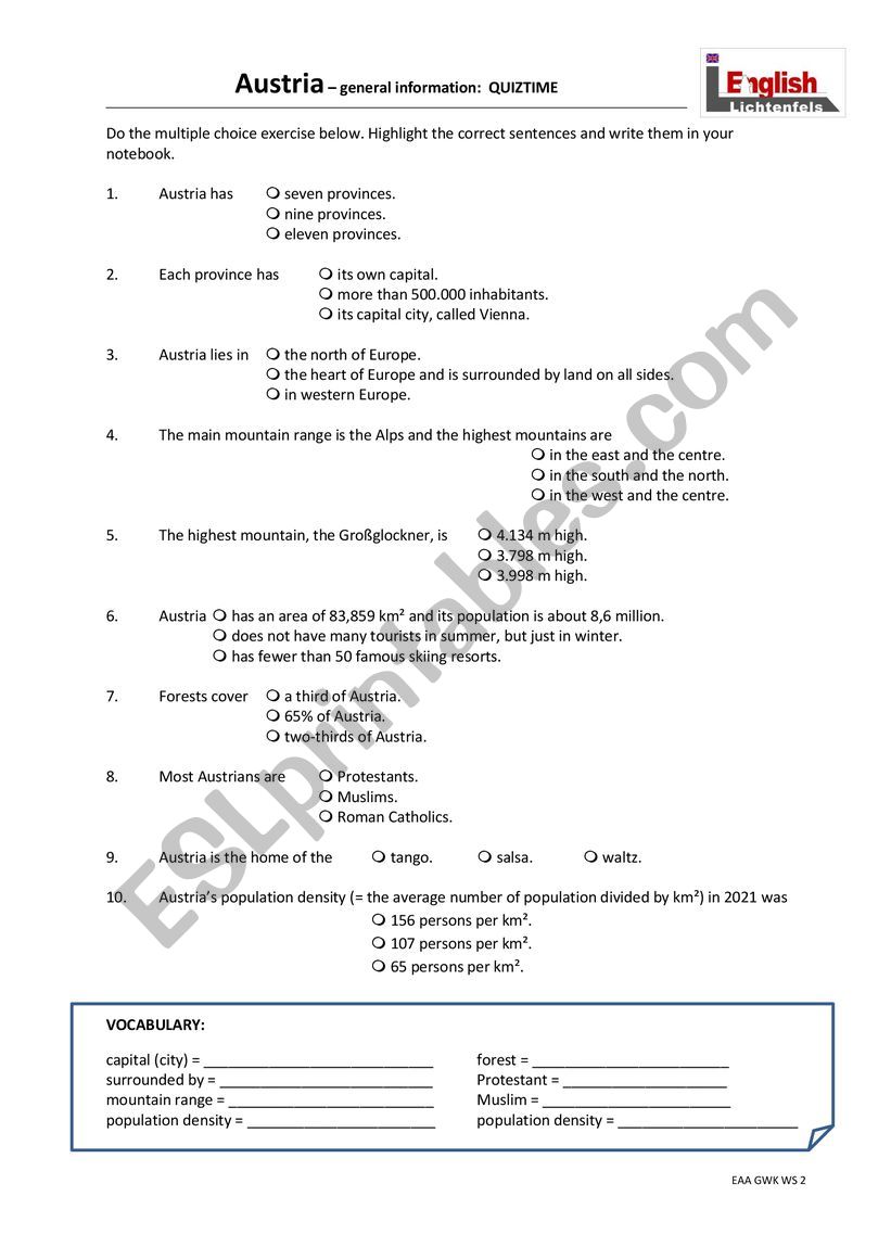 Austria�s provinces worksheet