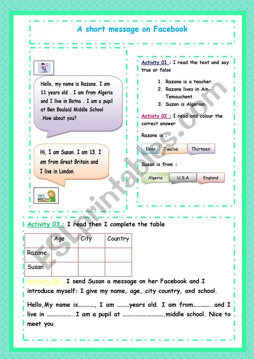 to produce a short message on Facebook to introduce themselves, giving information about the name, age, city/hometown, country, and school