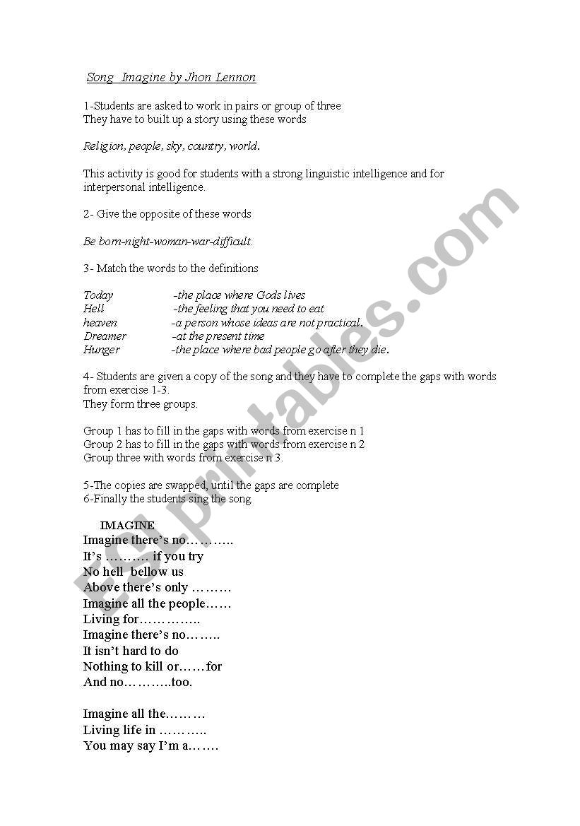 song imagine by Jhon Lennon worksheet