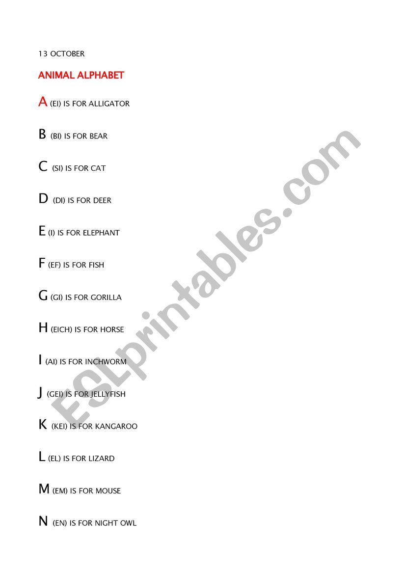 ANIMAL ALPHABET worksheet