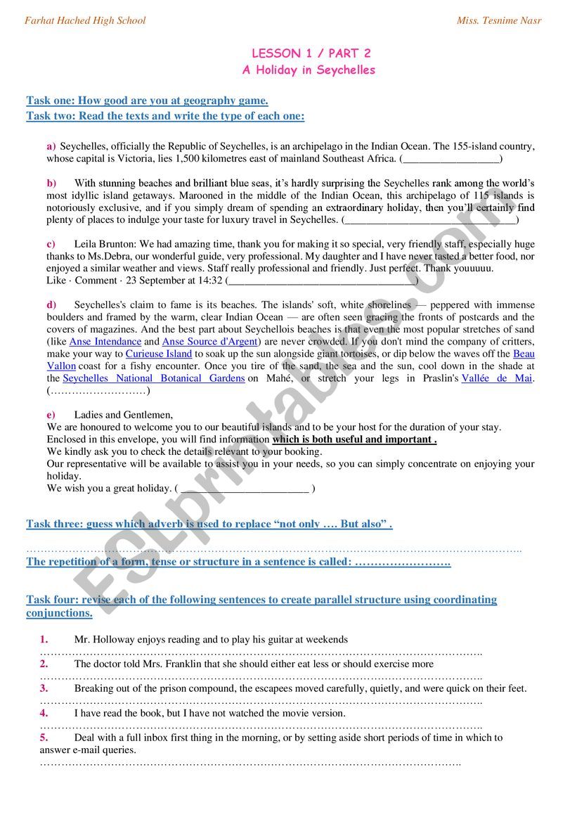 unit 1 part 2 seychelles  worksheet