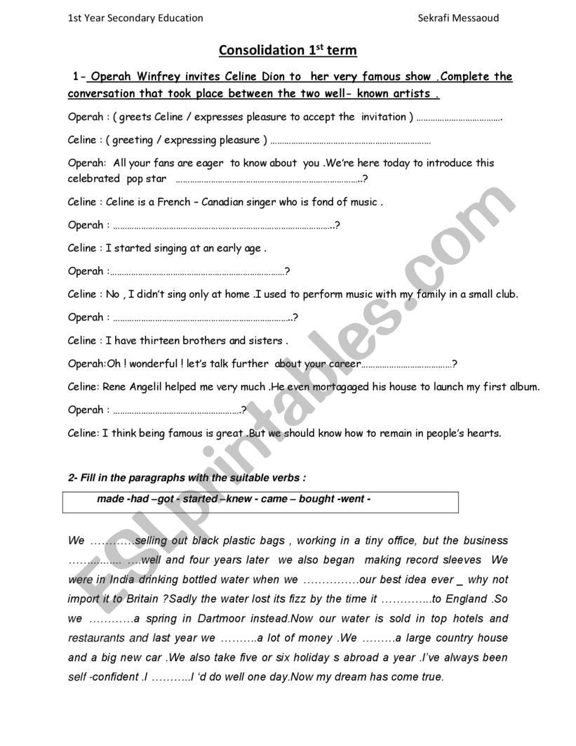 consolidation for first year  worksheet