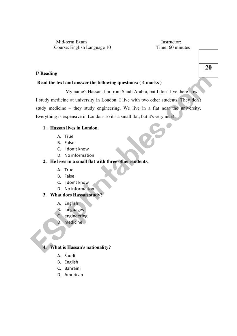 mid term exam worksheet