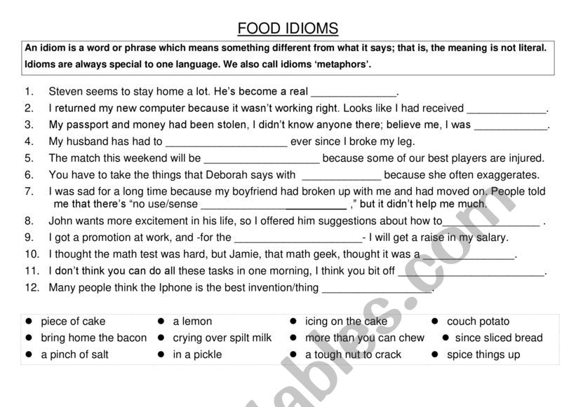 Food Idioms worksheet