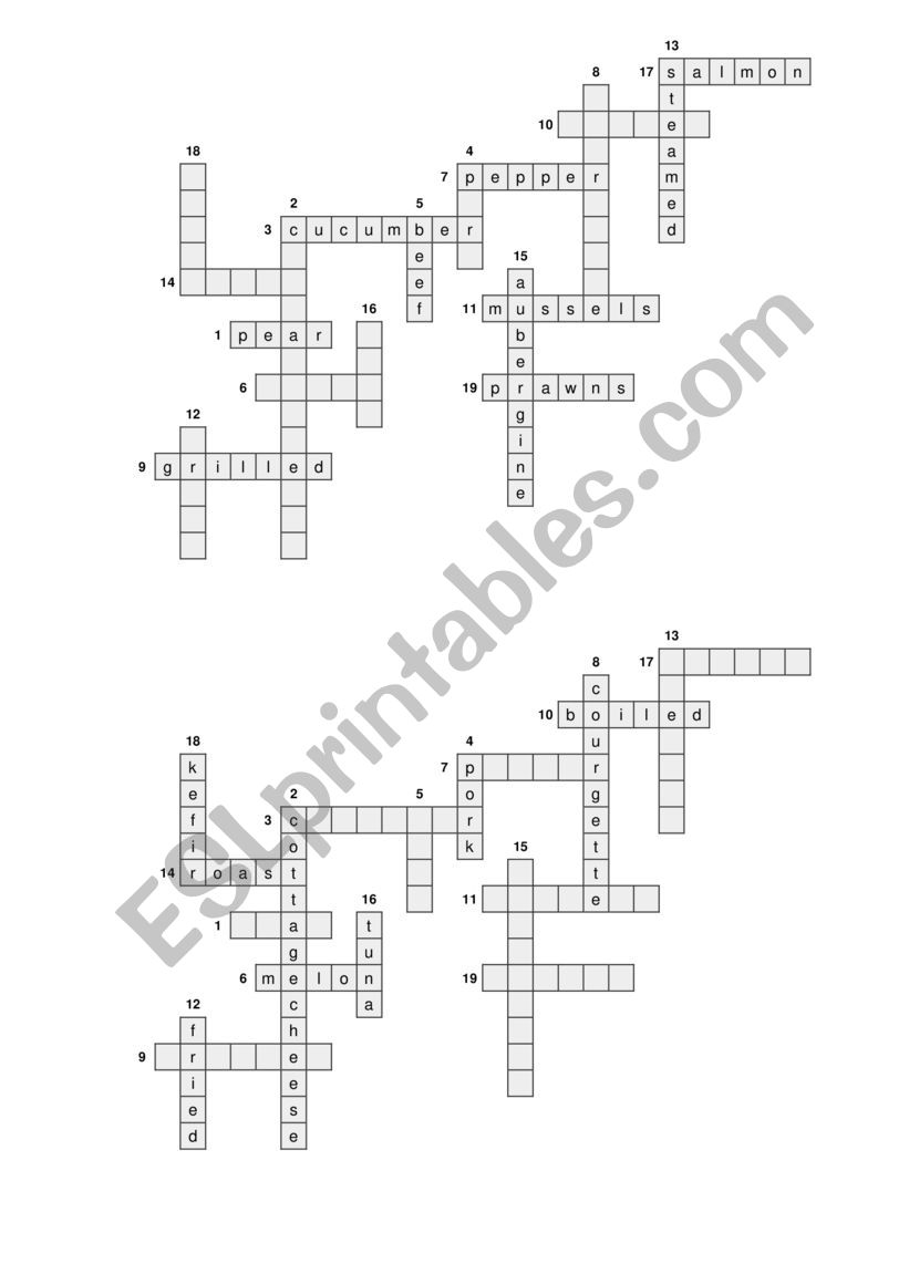 Food half crossword worksheet