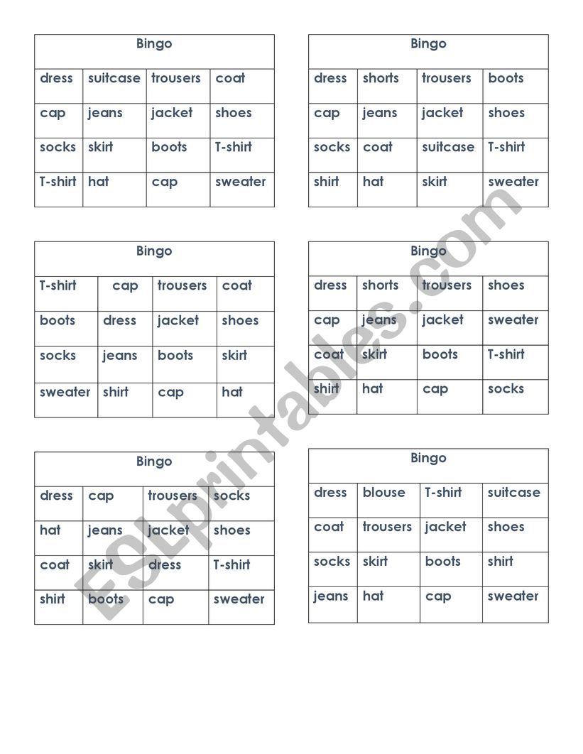 Clothes Bingo worksheet