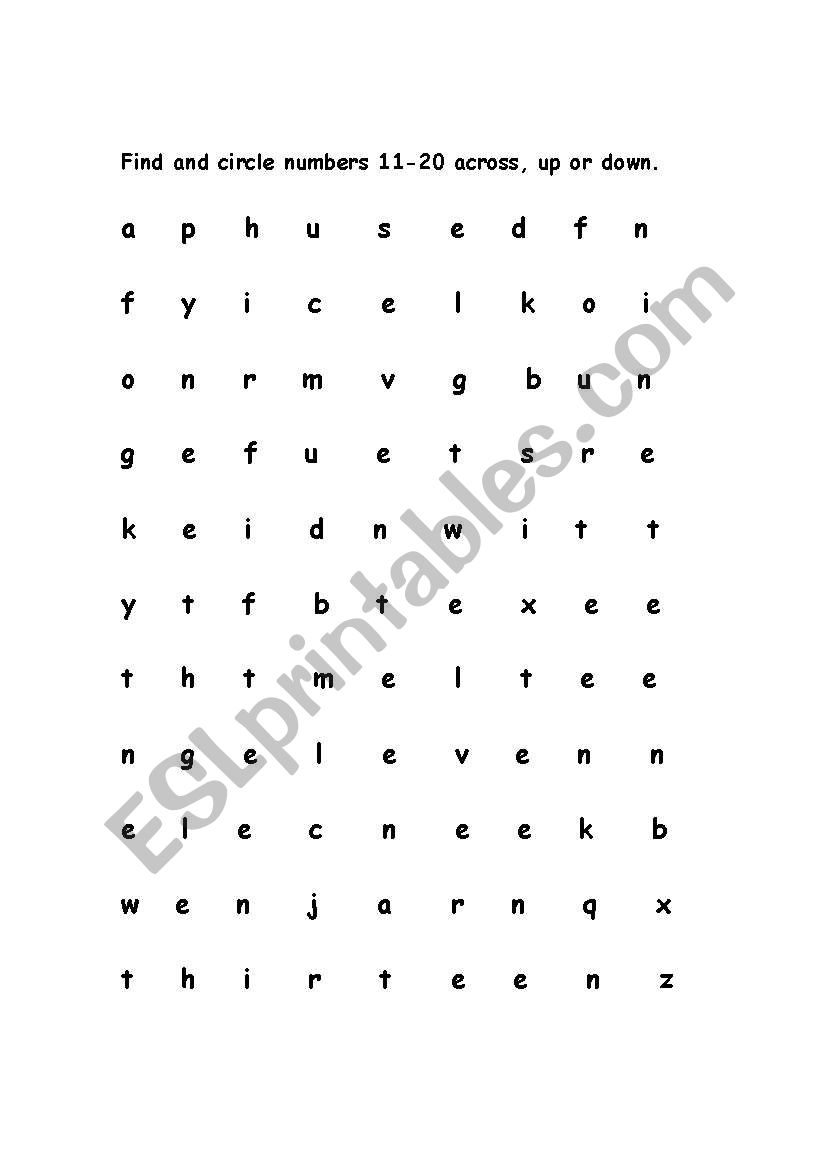 Numbers 11-20 Wordsearch worksheet