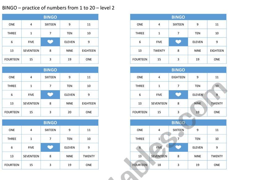 BINGO â€“ practice of numbers from 1 to 20 â€“ level 2