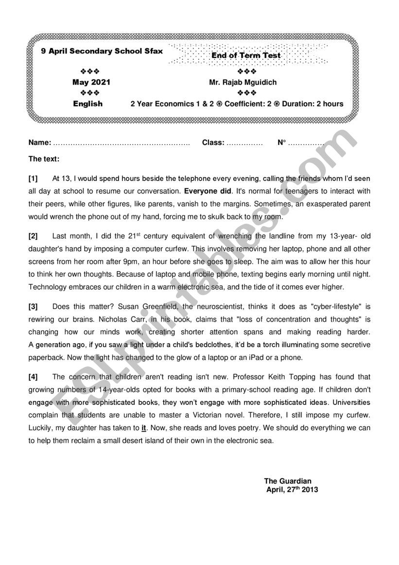 End-of-term test n3 worksheet