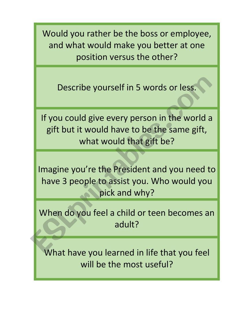 Questions for teens worksheet