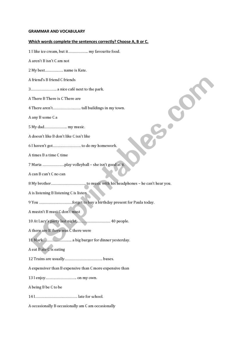 placement test worksheet