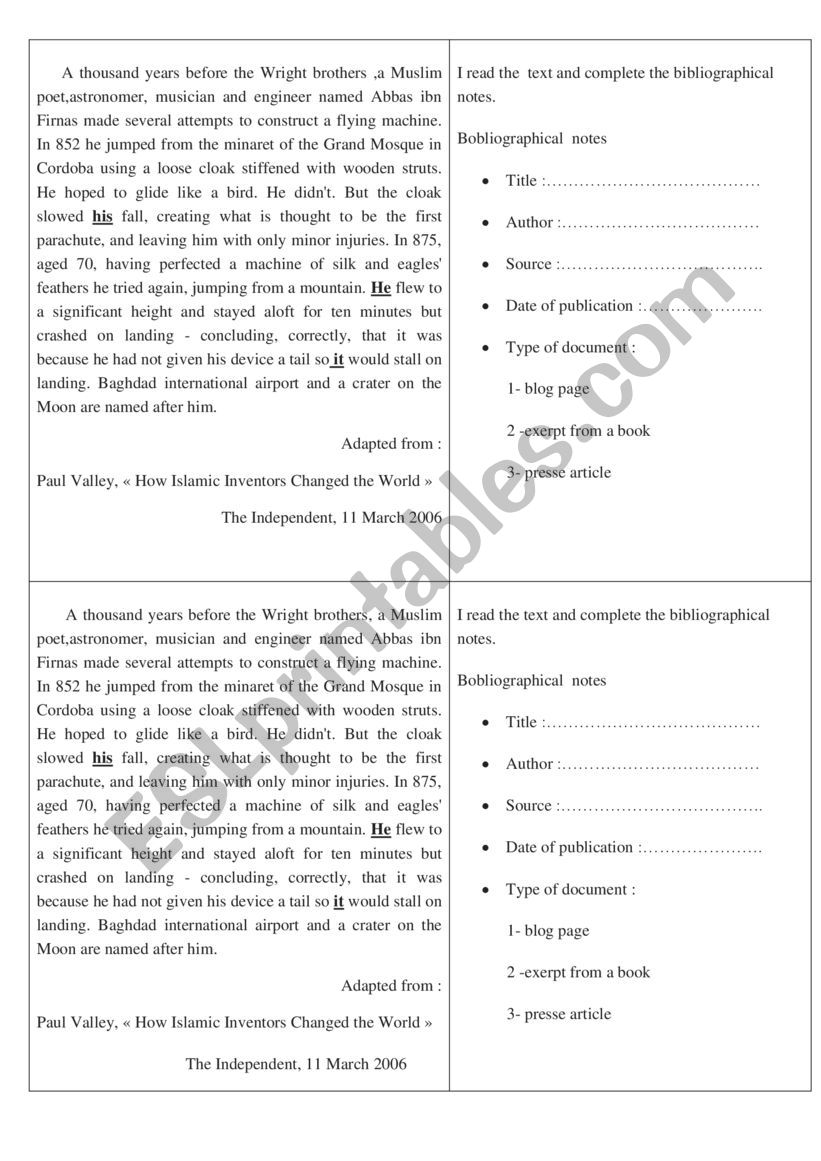 Muslim scientists worksheet