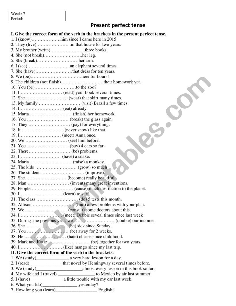 The present perfect  worksheet
