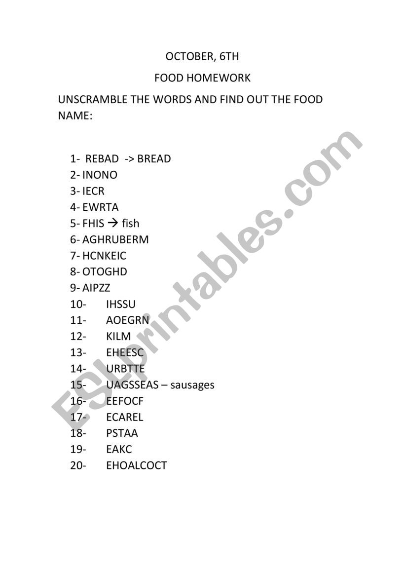 FOOD NAMES worksheet